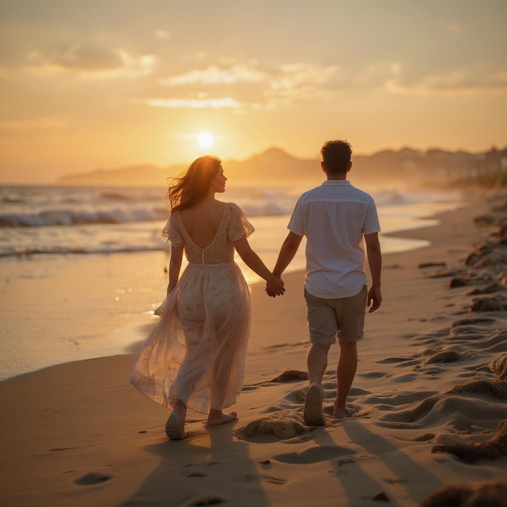 Couple holding hands walking on a beach at sunset