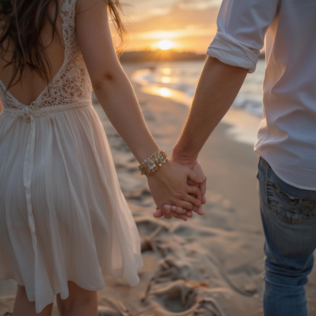 Couple holding hands walking on a beach, symbolizing connection and appreciation