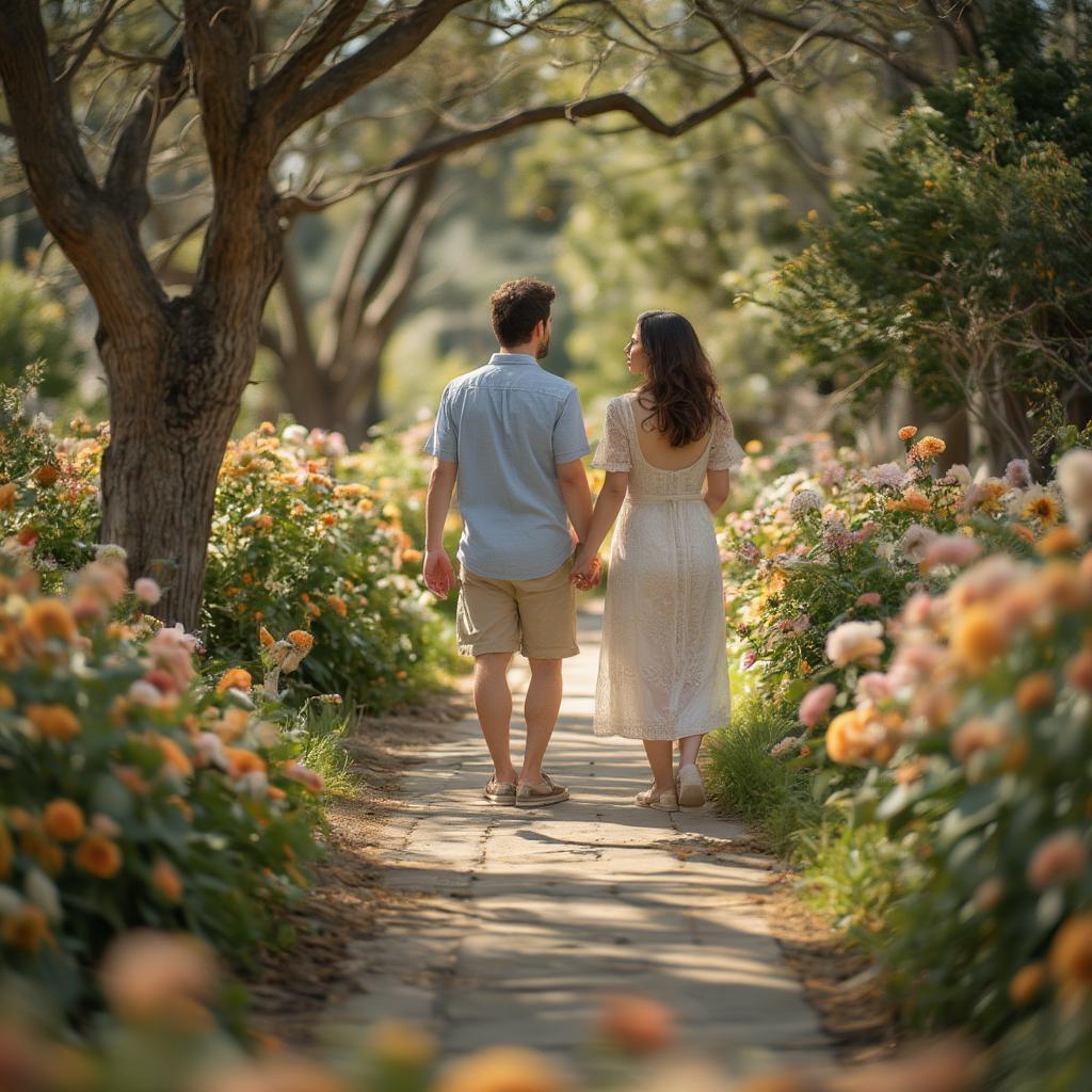 Couple holding hands walking down a sunlit path, surrounded by lush greenery.