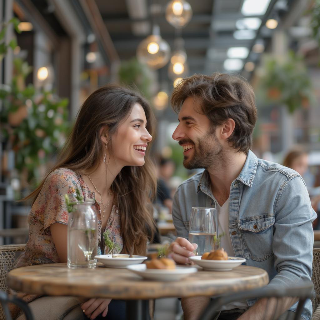 Couple Laughing Together in a Cafe