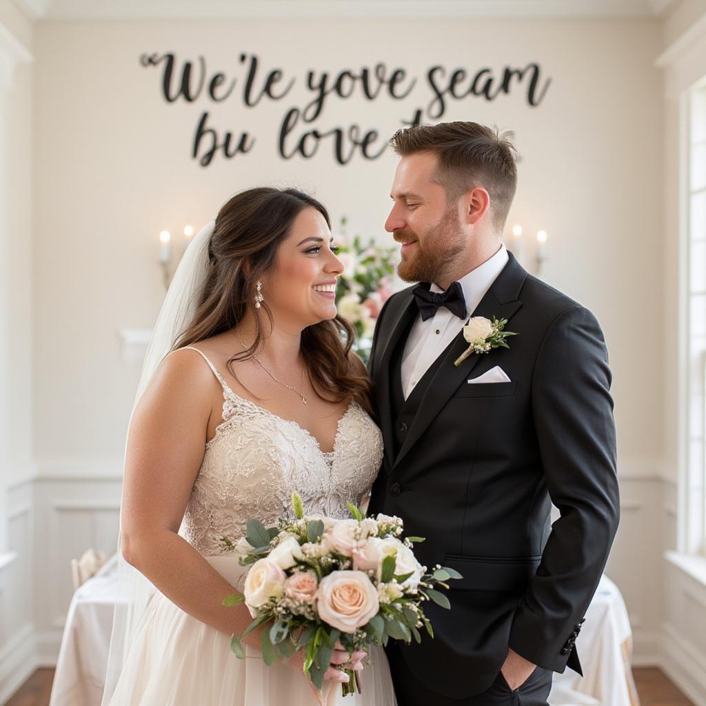 Couple standing in front of a wall with a custom-painted love quote and their names.