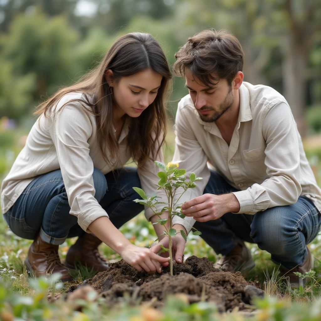 Couple planting a tree, symbolizing growth in love