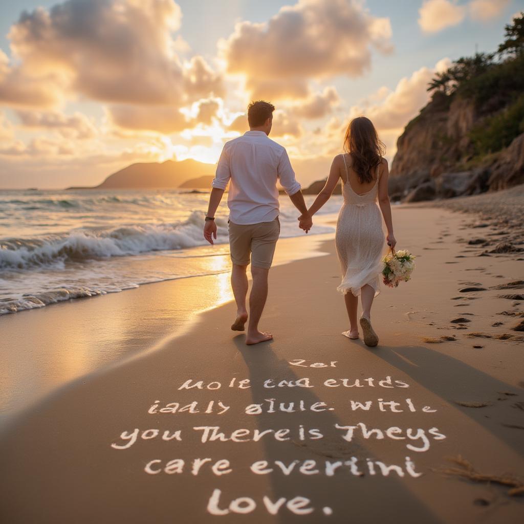 Couple walking hand-in-hand on a beach with inspirational love quotes