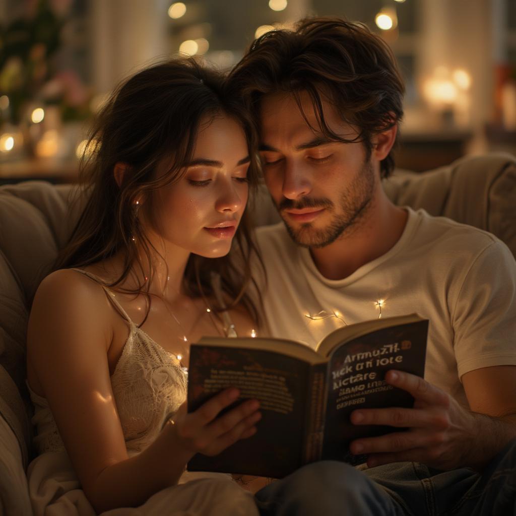 A couple sitting together, reading a book of love quotes.