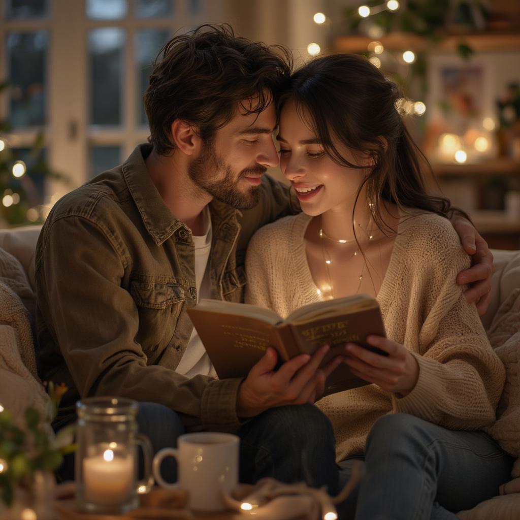 Couple reading love quotes together