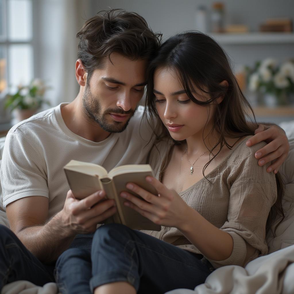 A couple reading love quotes together