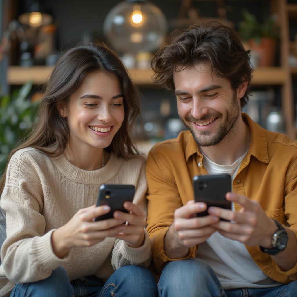 Couple smiling while reading love SMS messages on their phones