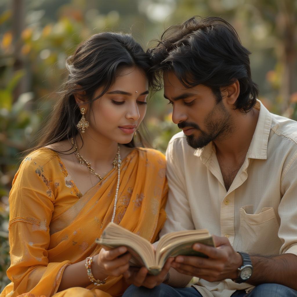 A couple engrossed in reading Malayalam poetry together