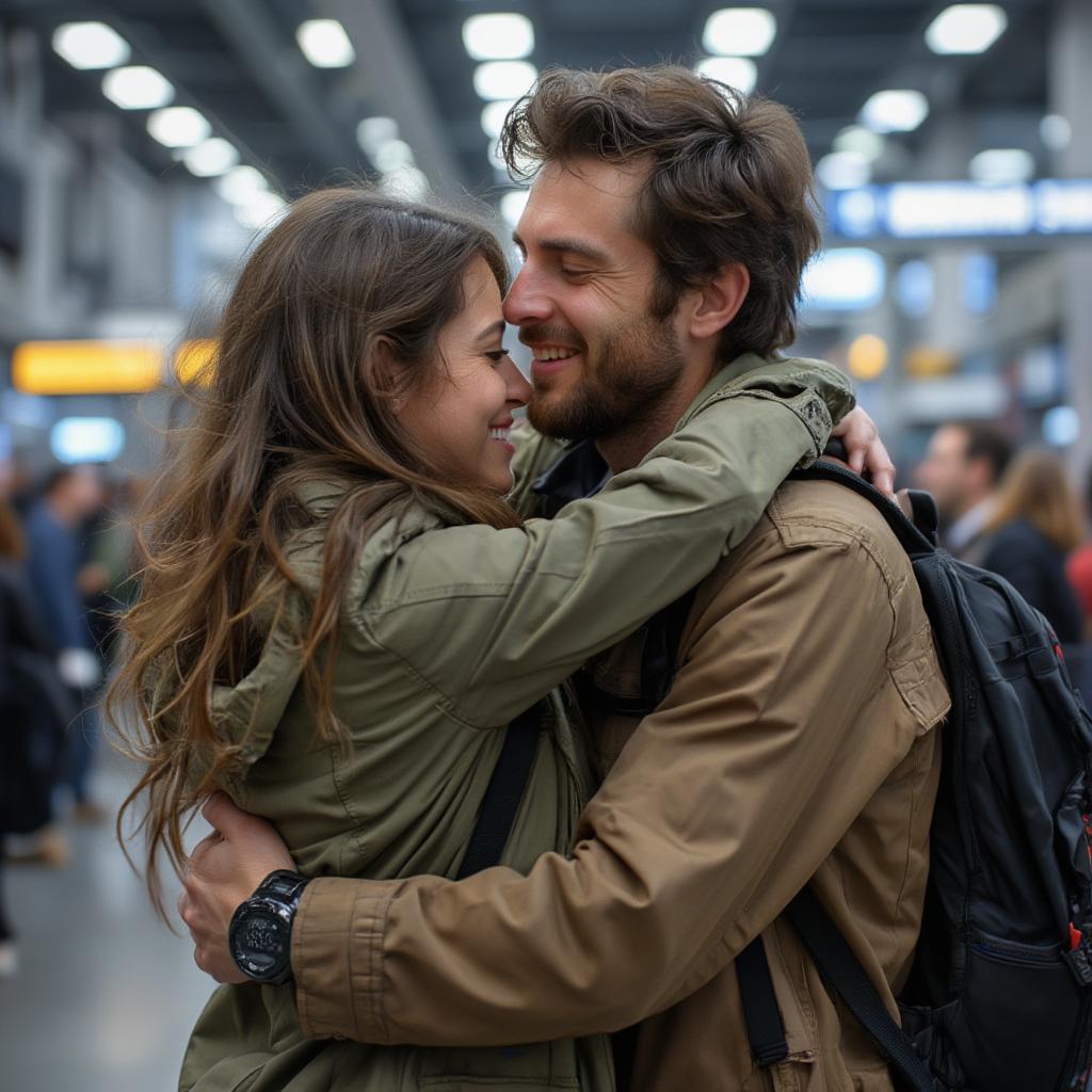 Couple embracing at the airport after a long separation.