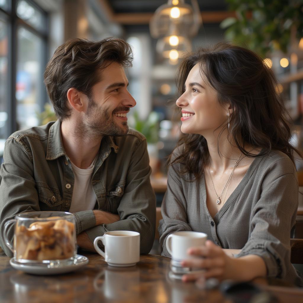 Couple Sharing a Coffee and Smiling at Each Other in a Cafe