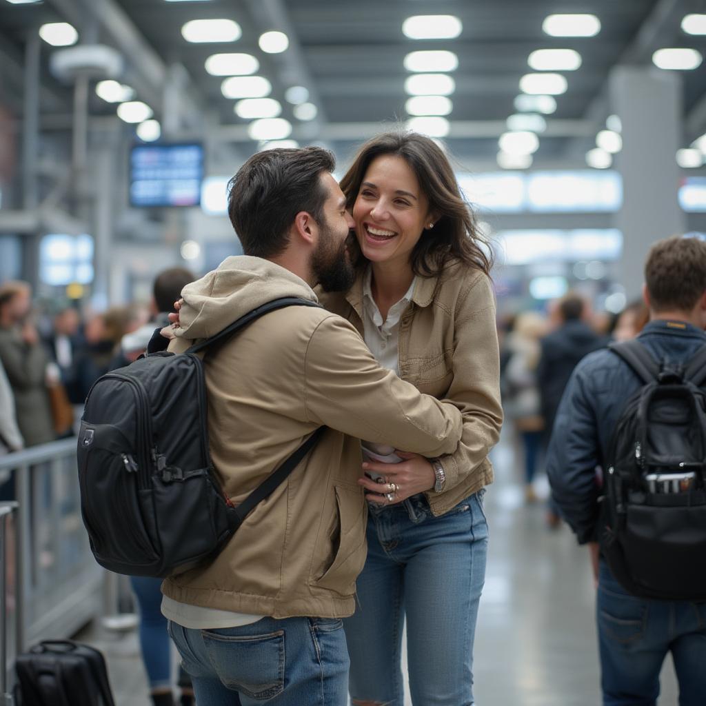 Couple reuniting at the airport with a hug