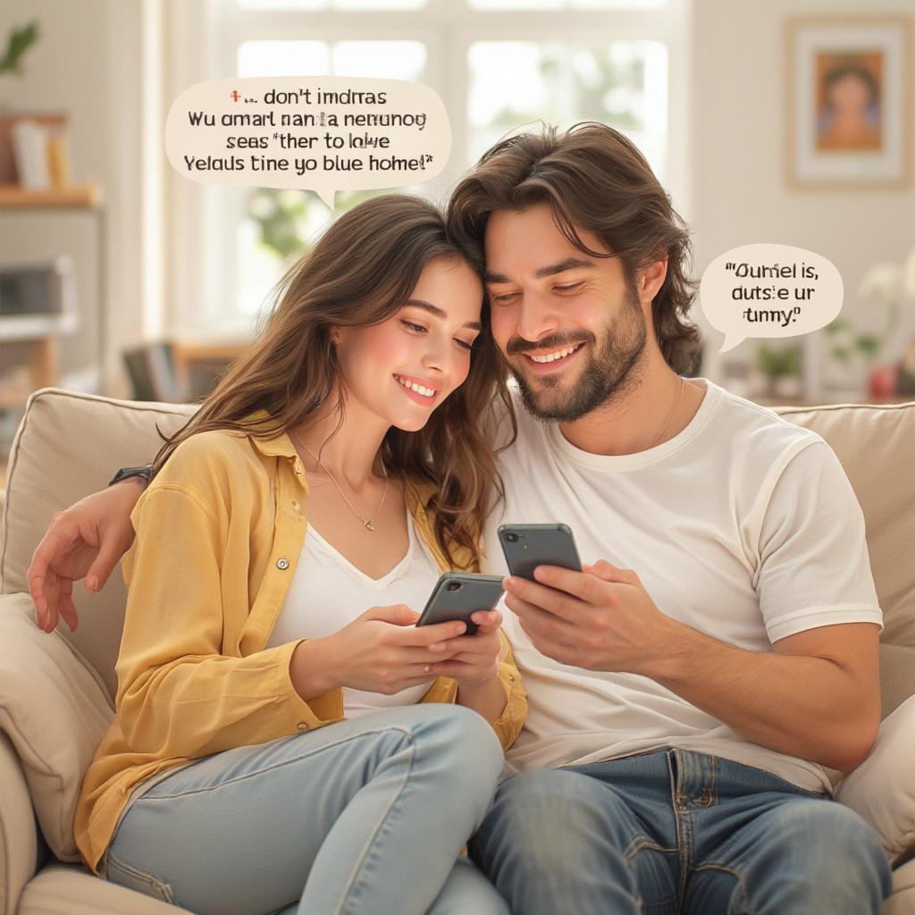 Couple sharing funny love quotes on their phones