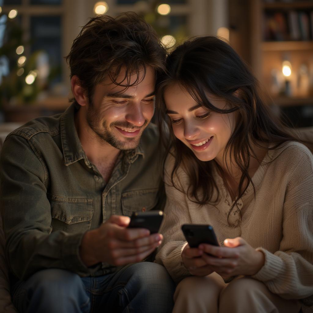 Couple sharing funny text messages and laughing.