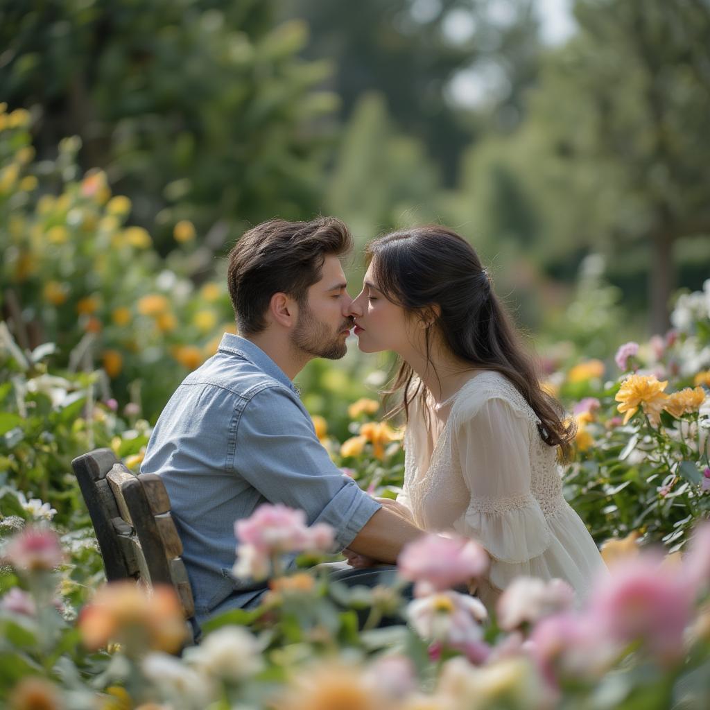 Couple sharing a tender kiss in a park