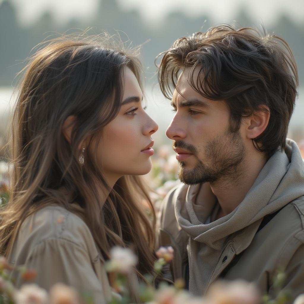 Couple gazing intensely, representing all-consuming love