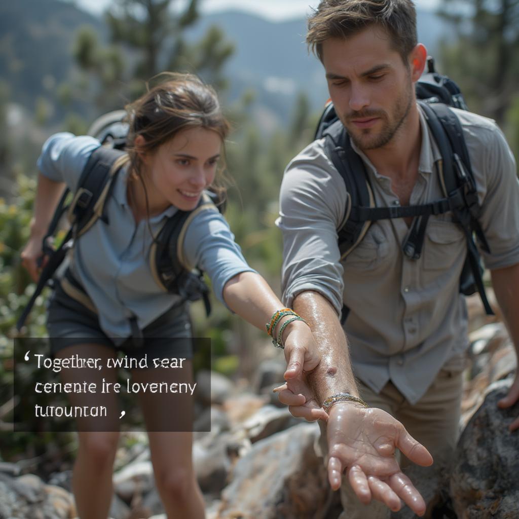 Couple Supporting Each Other on Difficult Hike with Love Quote