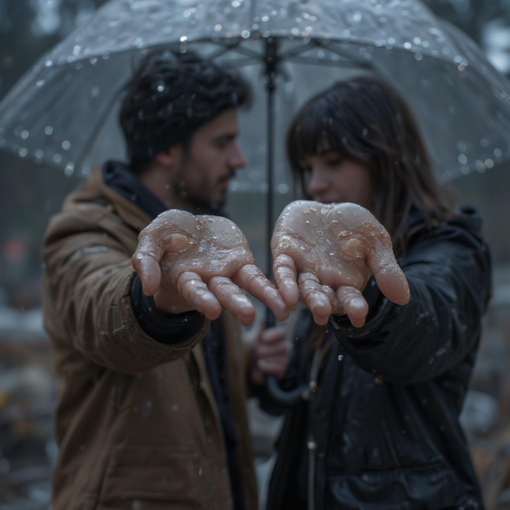 A couple sharing an umbrella in the rain, a romantic scene