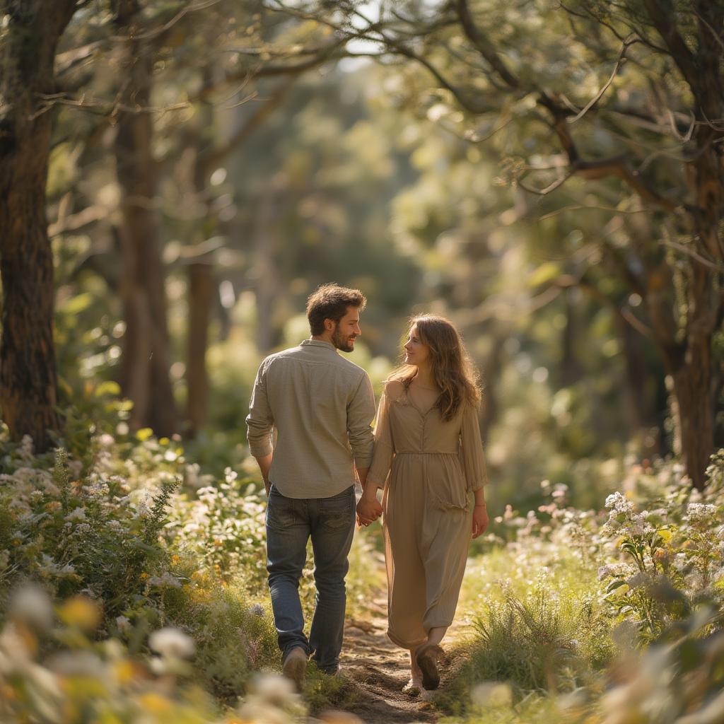 Couple Walking in Forest at Sunset