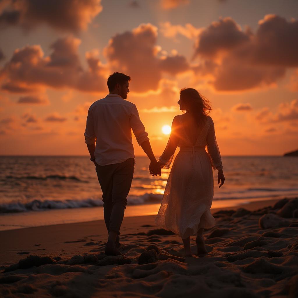 Couple walking hand-in-hand on a beach at sunset.