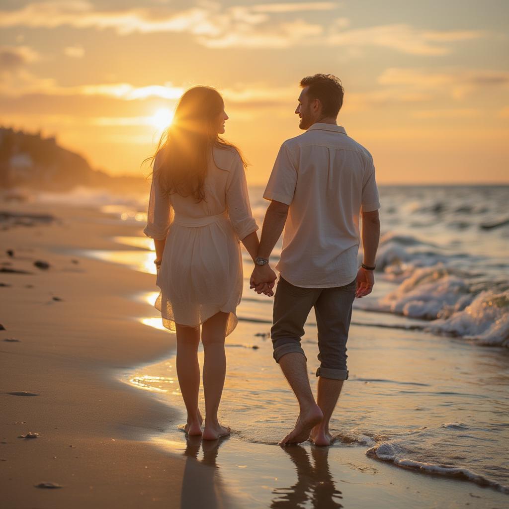 A couple walks hand-in-hand along a beautiful beach at sunset.