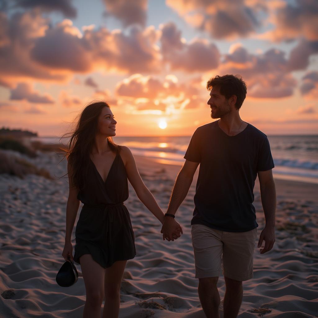 Couple walking hand in hand on a sandy beach at sunset.