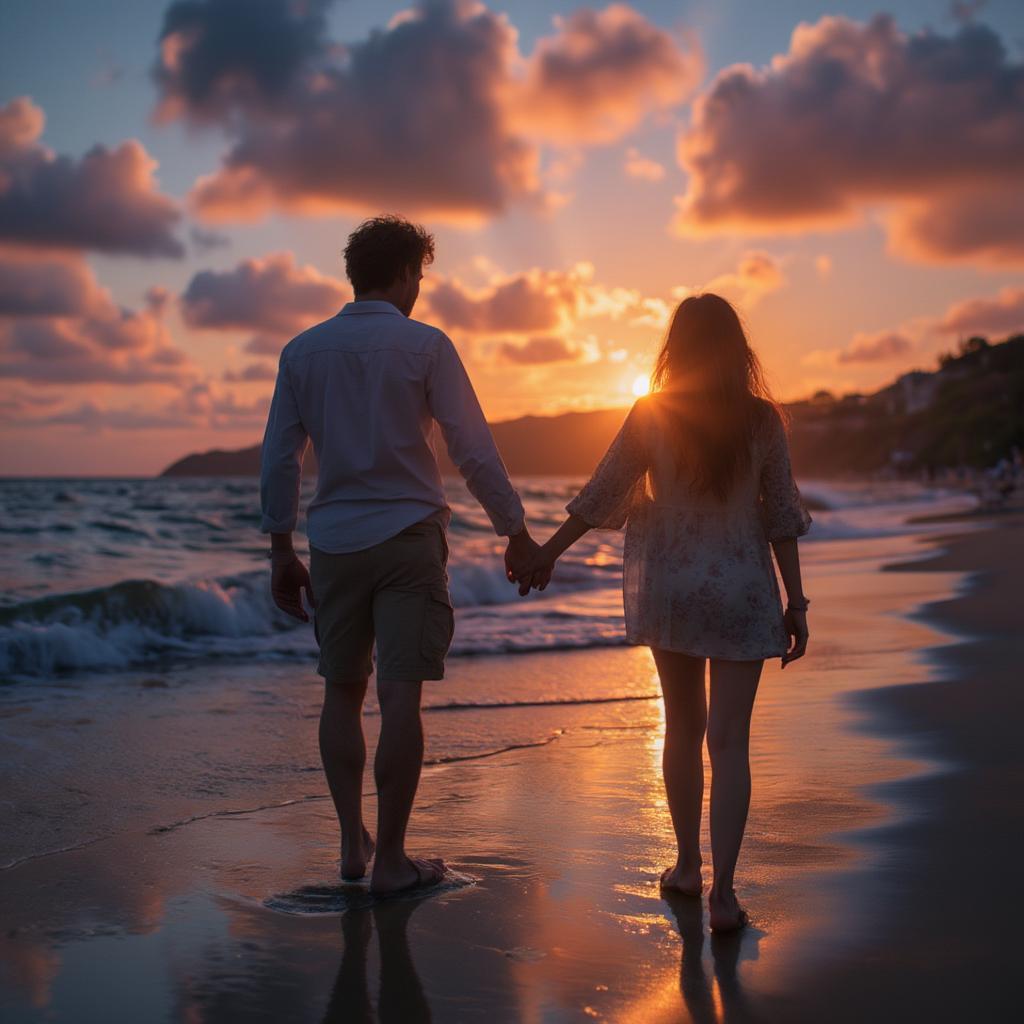 Couple Walking Hand-in-Hand at Sunset