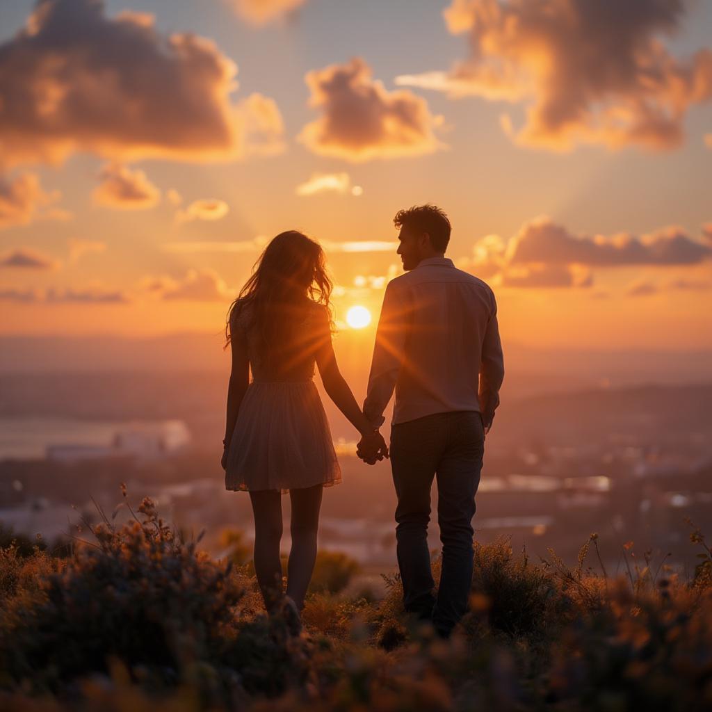 Silhouetted couple walking hand-in-hand towards a vibrant sunset, representing a new beginning in love.