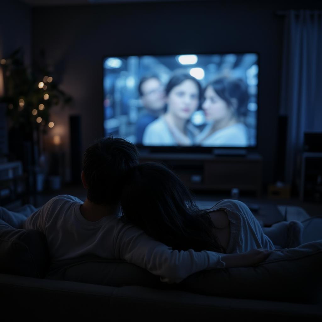 Couple cuddling and watching a movie together