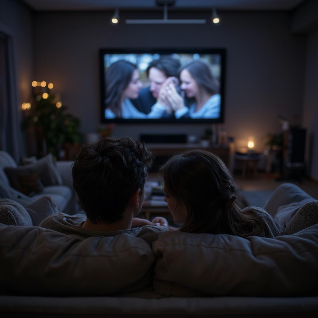 Couple cuddling on a sofa and watching a romantic movie on TV.