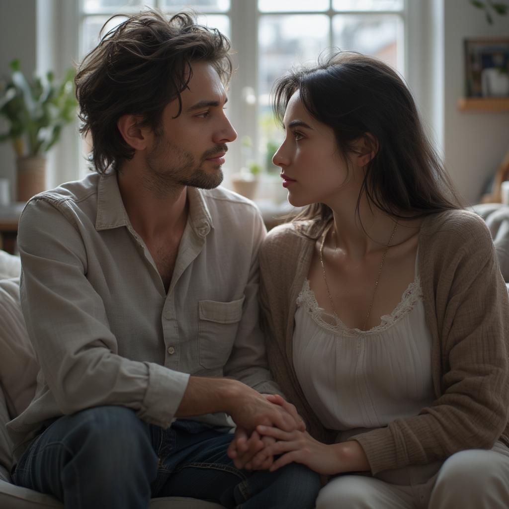 A couple engaged in a serious but loving conversation, demonstrating the importance of open communication and working through issues together.