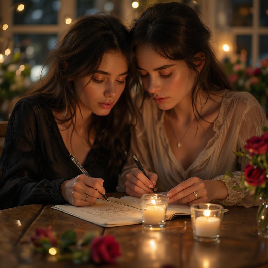 Couple writing a love letter by candlelight