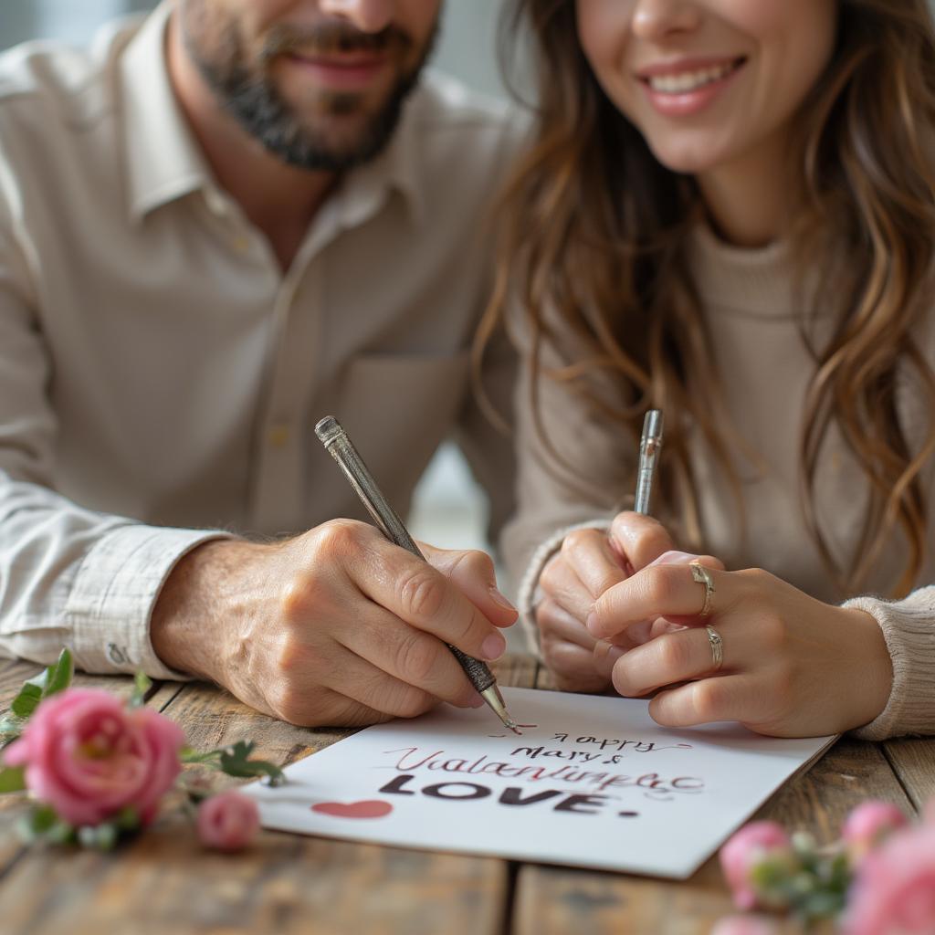 Couple writing a Valentine's card together