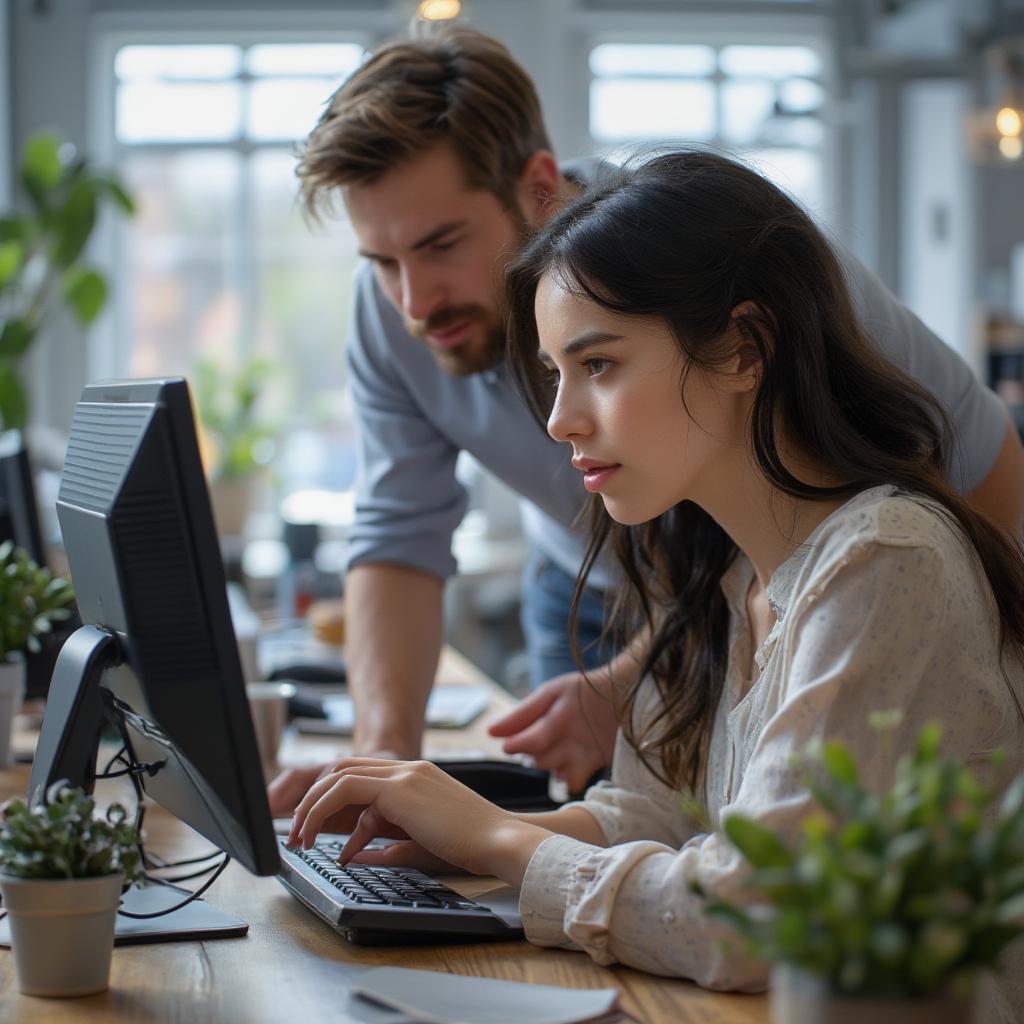 A coworker assists a colleague with a work task, demonstrating support and teamwork.