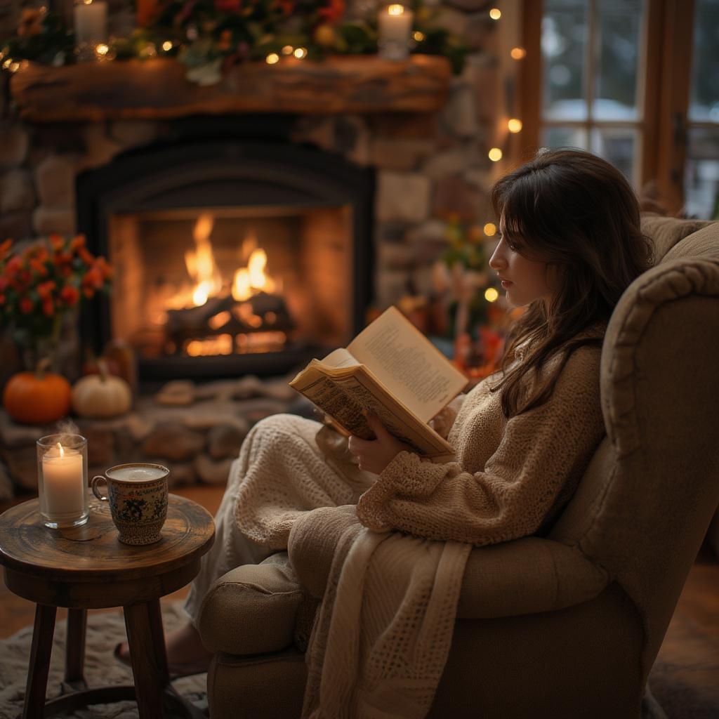 Woman reading a book by the fireplace on a cozy fall evening