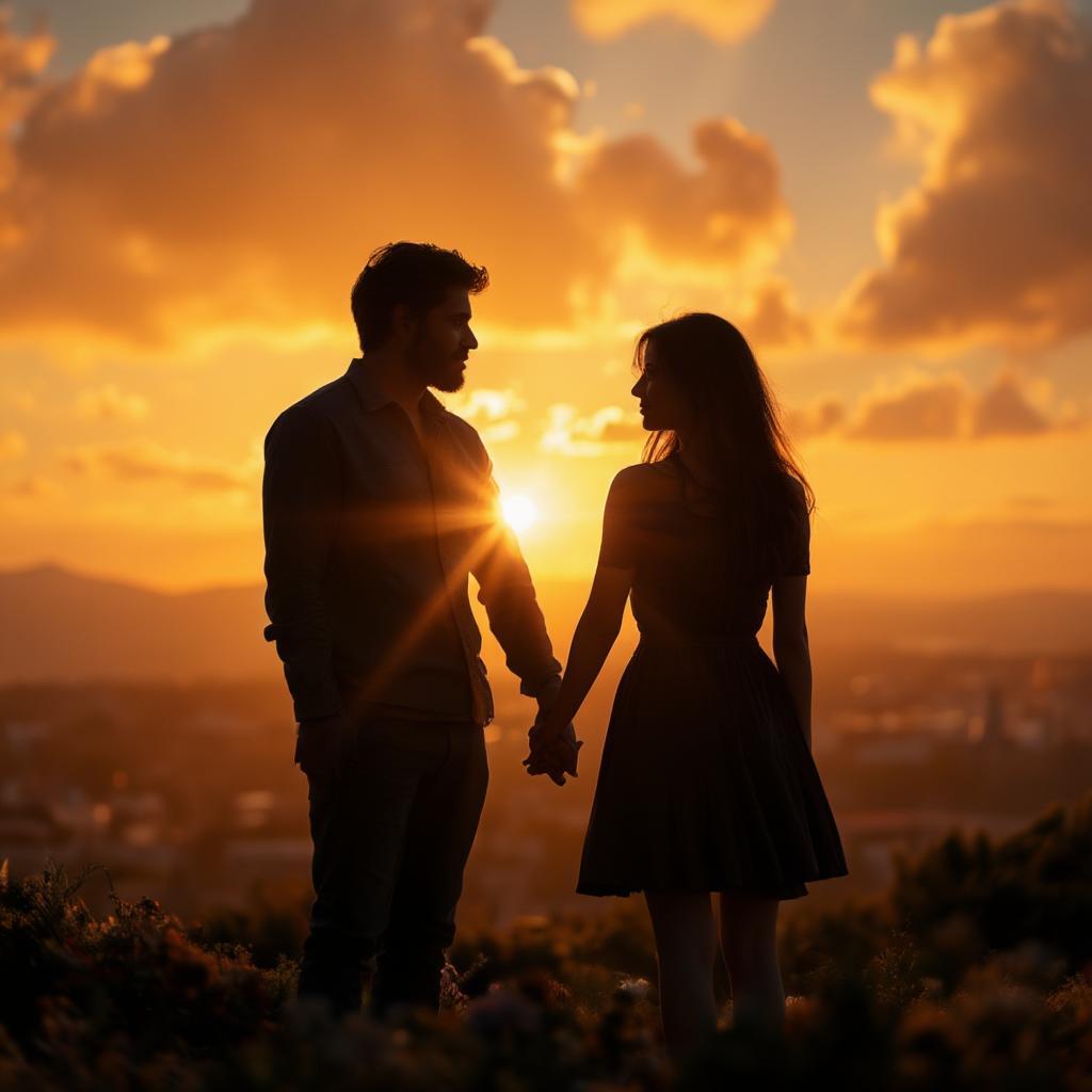 Silhouetted couple holding hands during a vibrant sunset, symbolizing a strong and lasting connection.