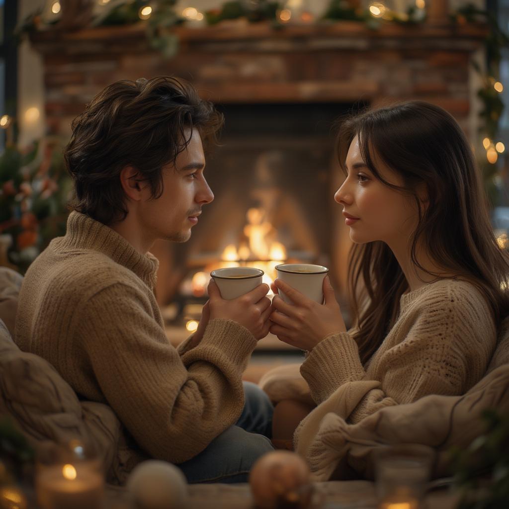 Couple Sharing Coffee by the Fireplace