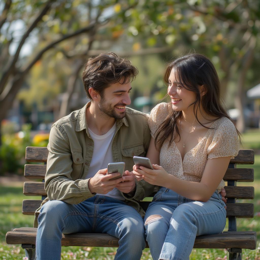 Couple laughing while looking at phone displaying cute funny love quotes