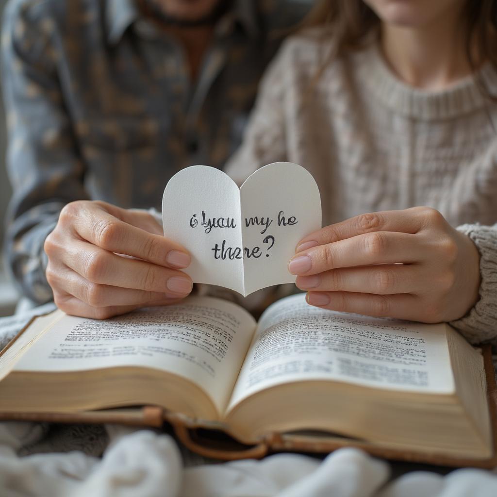 A woman hiding a love note in her boyfriend's book.