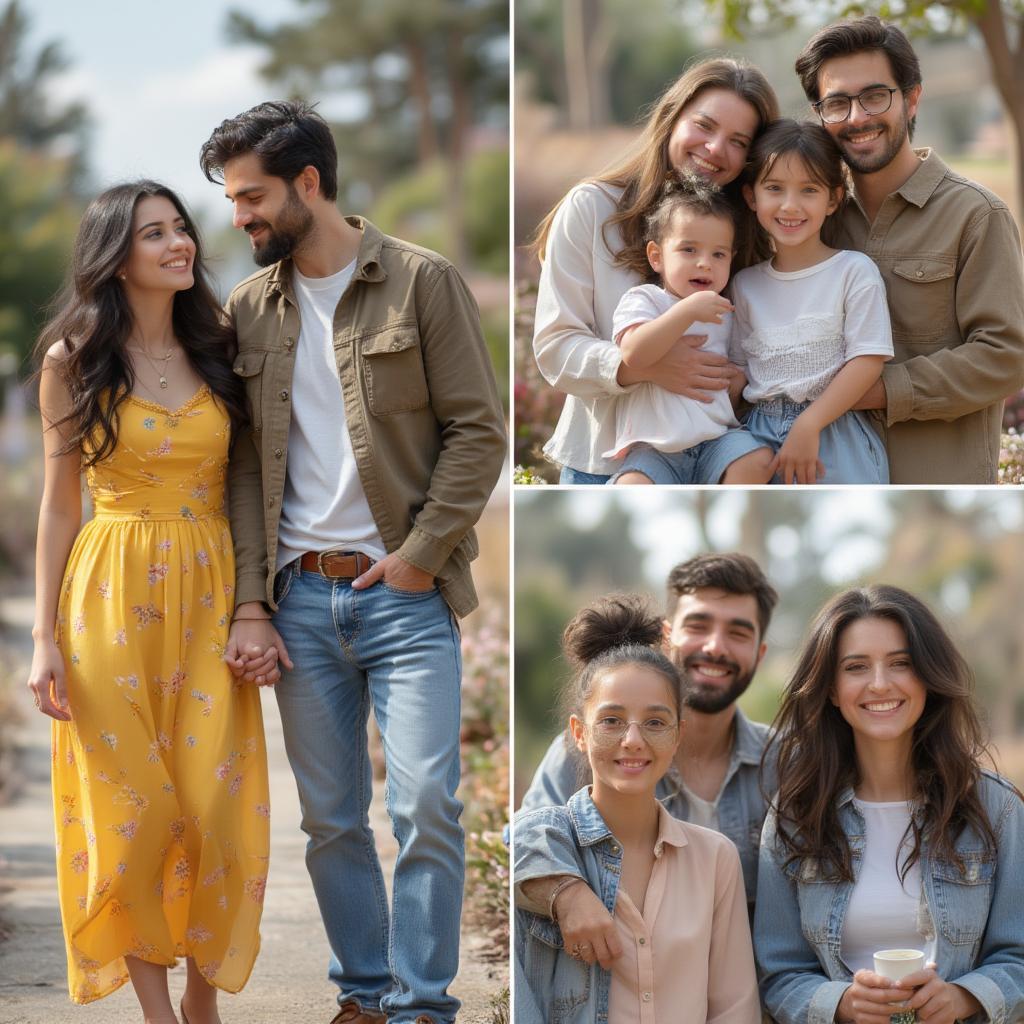 Various images representing different types of love: romantic couple, family portrait, friends laughing.