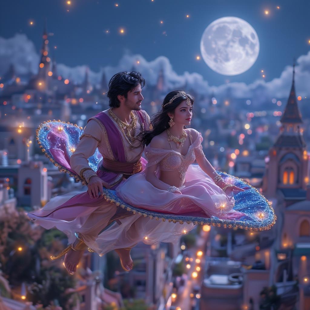 Aladdin and Jasmine soar on a magic carpet. 