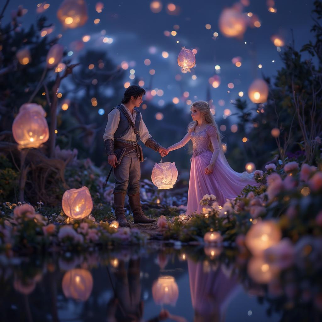 Rapunzel and Flynn Rider release lanterns into the night sky. 