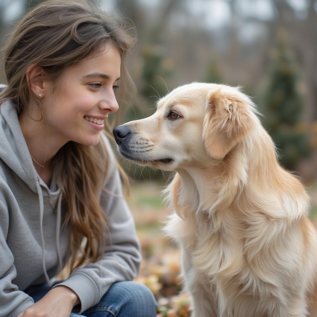 A dog and its owner gazing lovingly at each other.