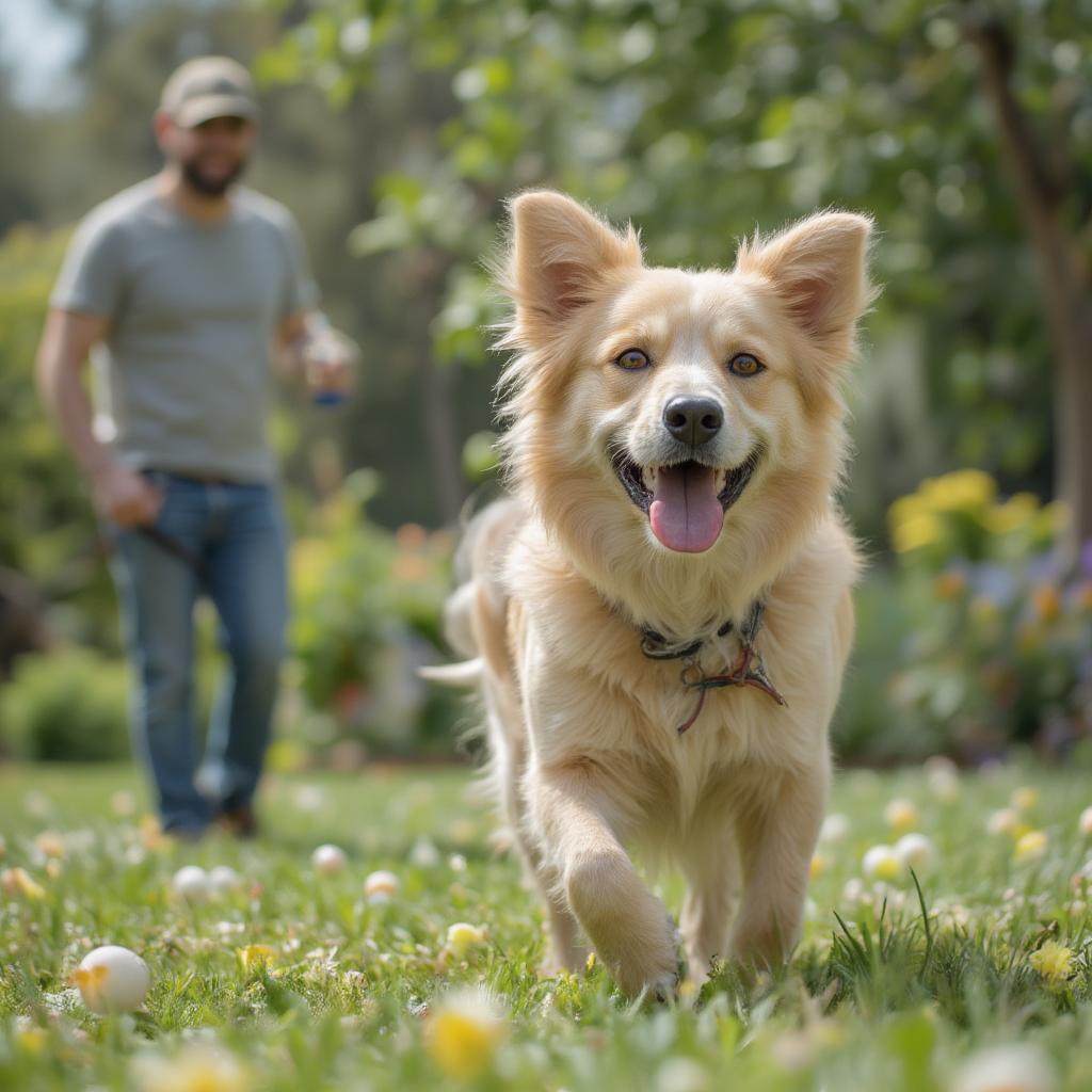 A dog and owner playing fetch in a park, representing the joy and happiness dogs bring