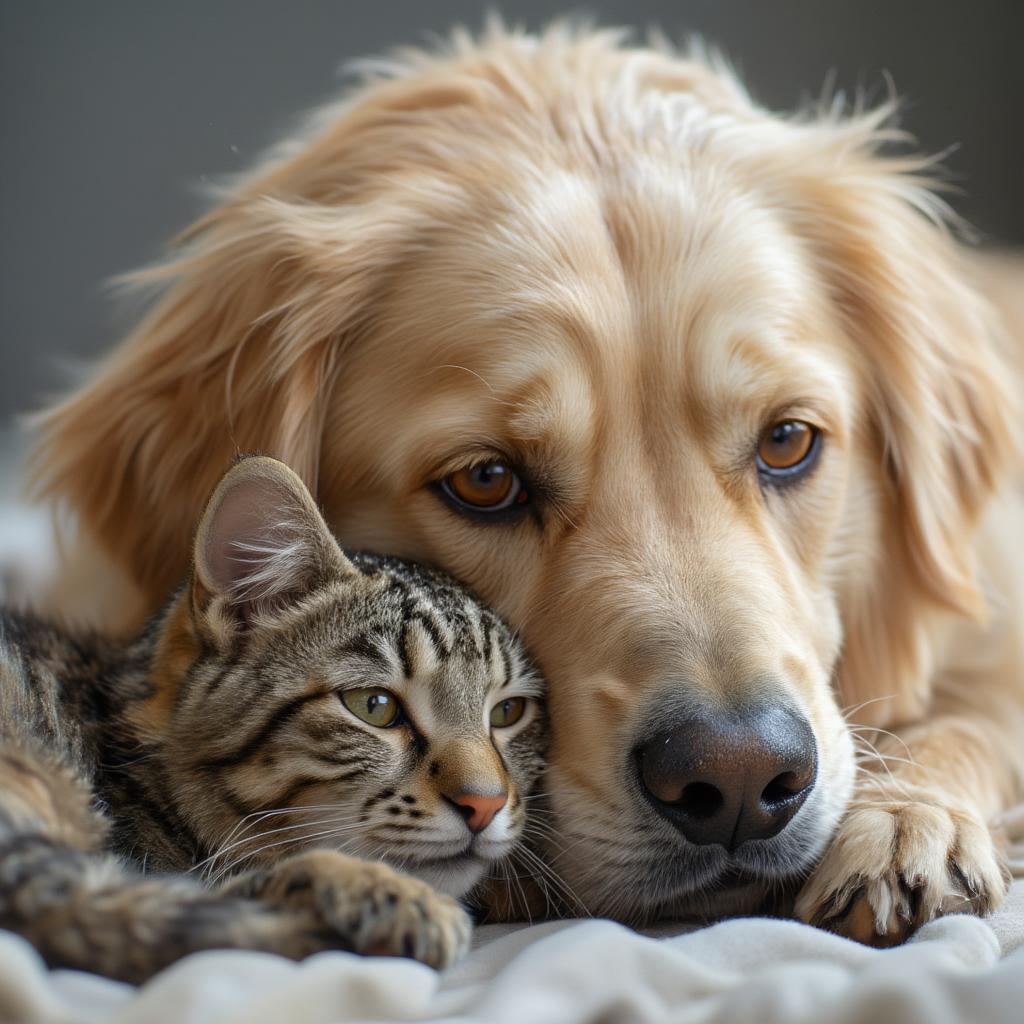 Animals Love Me Quotes: A dog and cat cuddling, showcasing interspecies affection.