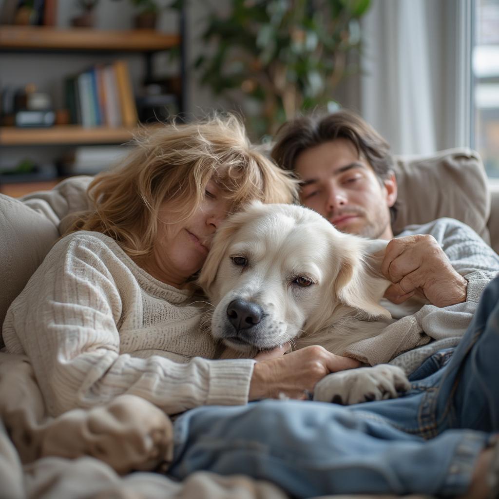 Dog Cuddling with Owner on Couch