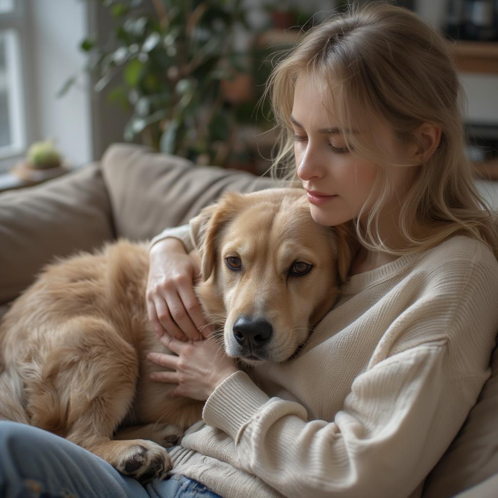 Dog cuddling with its owner