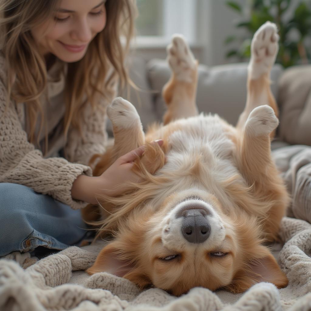 A dog lying on its back, enjoying belly rubs from its owner.