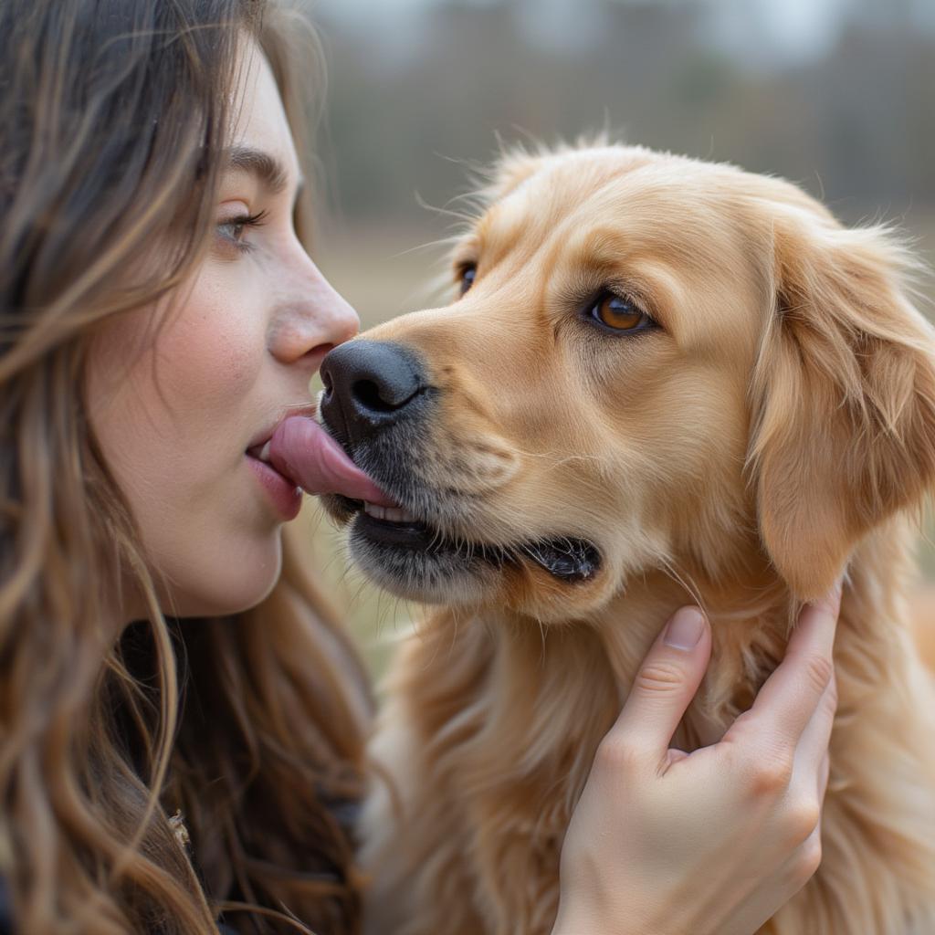 Dog showing affection to a human by licking their face.