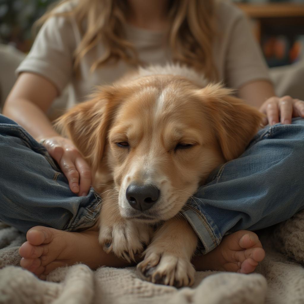 A dog sleeping peacefully at its owner's feet, demonstrating comfort and security.