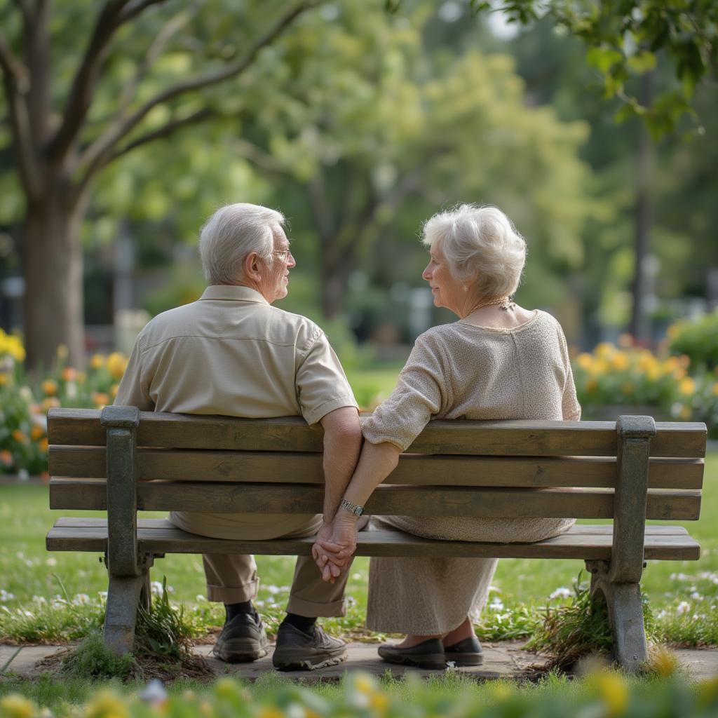 Elderly couple holding hands in the park